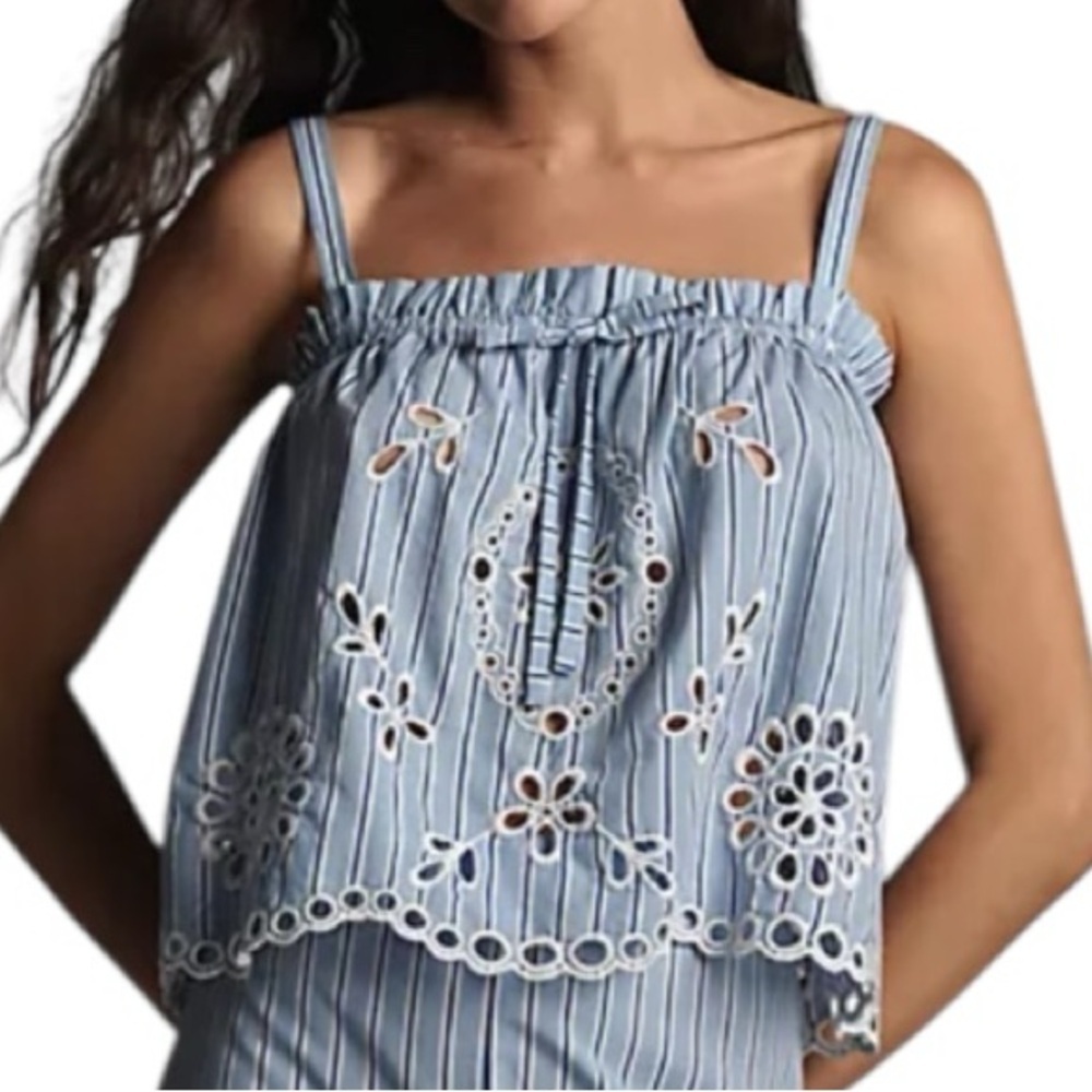 Maeve Sleeveless Striped Embroidered Relaxed Fit Eyelet Tank Top Size Medium